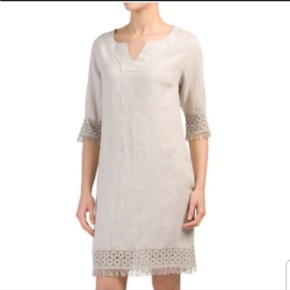 Alessia Pacini Linen Lace Bohemian V Neck 3/4 Sleeve Natural Tan Shift Dress M